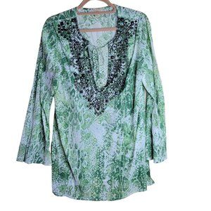 Kyra Beaded Green Python Snake Print Deep V Neck Flared Sleeve Women Size L